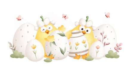Obraz premium Watercolor Illustration. Easter chicks and Easter egg in the garden 