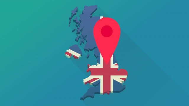 Looping animation with a jumping red location marker on the 3D map of the United Kingdom in the colors of the British flag in flat design style on a blue background with shadow