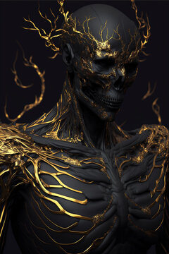 The embodiment of darkness elegant vantablack demon with golden cracks. Generative AI.
