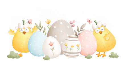 Watercolor Illustration. Easter chicks and Easter egg in the garden 