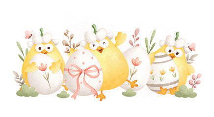 Watercolor Illustration. Easter chicks and Easter egg in the garden 