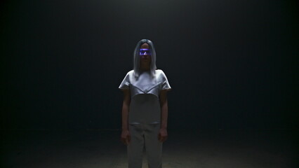 Fototapeta premium Portait cyber girl augmented reality glasses. Beautiful futuristic woman wearing