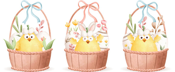 Watercolor Illustration set of Easter Chick and Easter egg in basket