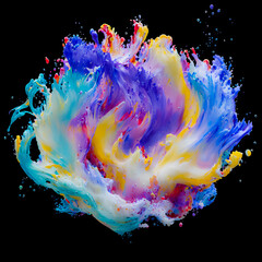 Vibrant splashes of colorful acrylic paint in an abstract design, isolated on a black background. Generative AI.