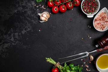 cooking background, Herbs and spices on black stone background. banner, menu, recipe place for text, top view