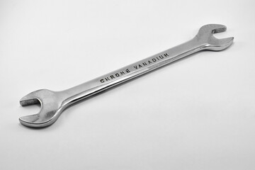 Steel double open end wrench isolated on white background. Chrome vanadium on white background