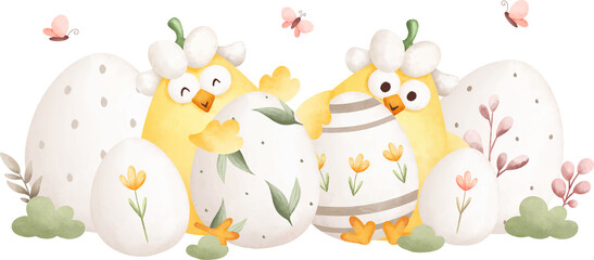 Easter Chick and Easter Egg. Watercolor Illustration