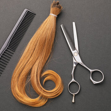 A cut off strand of childrens female hair in light brown color, scissors and a comb on a dark background, top view, a concept on the theme of hairdressing