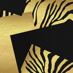 Black and gold African background. Modern safari backdrop with zebra skin prints. Scrapbook design