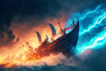 Fototapeta na wymiar Viking ship at the open sea in the middle of an epic fight, while airplanes constantly attack it, and everything is exploding, meanwhile giant waves hit the side of the ship