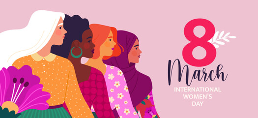 March 8 banner. Vector illustration in cartoon flat style of four women's portraits of different races and nationalities in bright multi-colored clothes. Isolated on light pink background