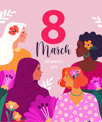 March 8 greeting card concept. Vector cartoon illustration in a modern flat style of four diverse women's portraits in profile with flowers. Isolated on light pink background