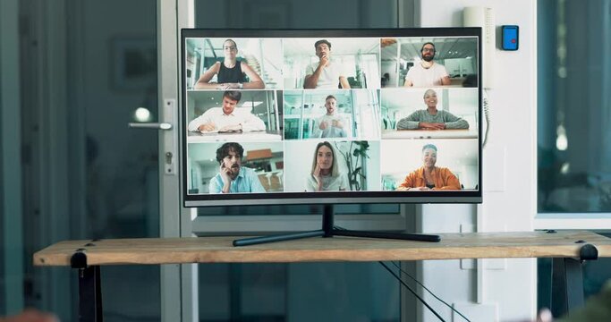 Video call, screen zoom and business meeting, online with business people, communication and team discussion. Internet, webinar and online meeting, teamwork and collaboration with video conference