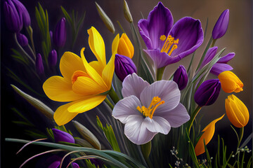 Obraz na płótnie Canvas Spring country pastoral illustration, blooming crocuses flowers buds