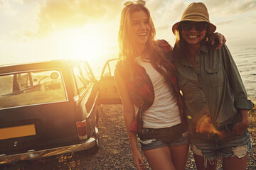 Friends, travel and smile for sunset road trip adventure, journey or vacation by the ocean....