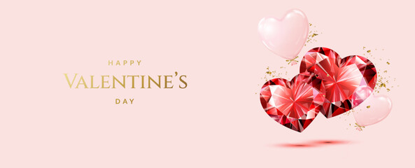 Romantic Valentine's Day background with red diamond pair of hearts, balloons and with golden confetti. - obrazy, fototapety, plakaty