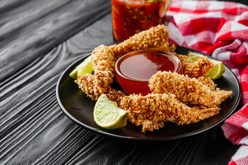 delicious crispy panko shrimp on a black wooden rustic background