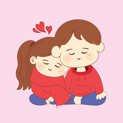 Illustration of cute cartoon character Couple of Lovers leaning together on Valentine day