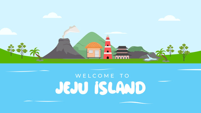 Welcome to jeju island background. Welcome to Jeju island in South Korea, traditional landmarks, symbols, popular place for visiting tourists, jeju green tropical island with water travel.