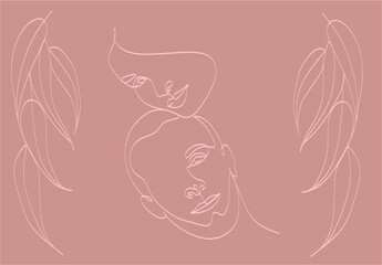 Vintage one line art couple and leaves. Valentine's day illustration. Love, two faces, flowers, leaves vintage style. Social Media, banners, Flyers, posters, brochure.