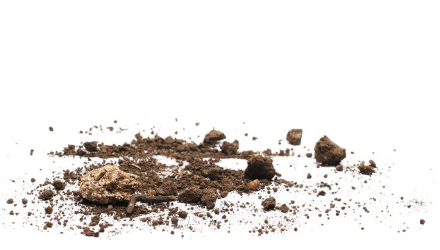 Soil, rock and dirt pile isolated on white, side view  