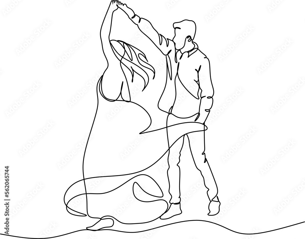 Wall mural single one line drawing happy cute married man and woman dancing on the floor at party park. romanti