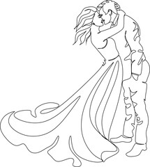 Single one line drawing happy cute married man and woman dancing on the floor at party park. Romantic young wedding couple holding hands and spinning around. Continuous line draw design graphic vector