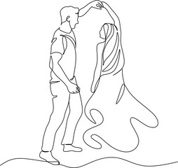 Single one line drawing happy cute married man and woman dancing on the floor at party park. Romantic young wedding couple holding hands and spinning around. Continuous line draw design graphic vector