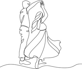 Single one line drawing happy cute married man and woman dancing on the floor at party park. Romantic young wedding couple holding hands and spinning around. Continuous line draw design graphic vector