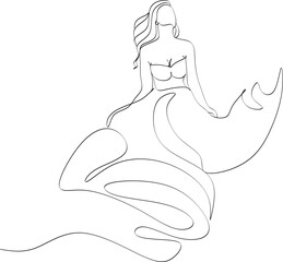 Beautiful woman in long flowing dress in continuous line art drawing style. Girl wearing luxury evening or bridal gown. Minimalist black linear sketch isolated on white background. Vector illustration