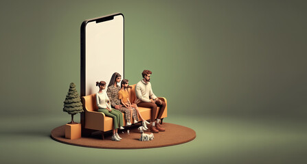 Fototapeta na wymiar Young family, man, woman and kids sitting and looking on huge 3D model of phone screen. Concept of family, online shopping. Digital illustration created with Generative AI artificial intelligence.