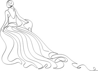 Beautiful woman in long flowing dress in continuous line art drawing style. Girl wearing luxury evening or bridal gown. Minimalist black linear sketch isolated on white background. Vector illustration