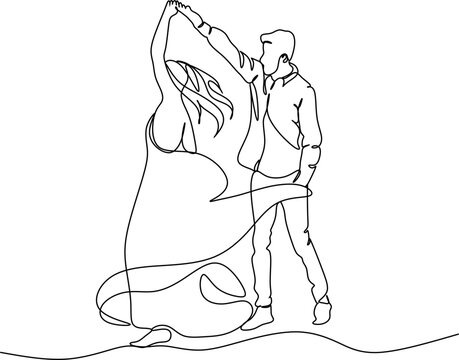 Single one line drawing happy cute married man and woman dancing on the floor at party park. Romantic young wedding couple holding hands and spinning around. Continuous line draw design graphic vector