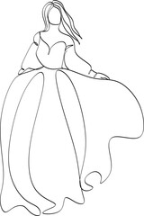 Beautiful woman in long flowing dress in continuous line art drawing style. Girl wearing luxury evening or bridal gown. Minimalist black linear sketch isolated on white background. Vector illustration