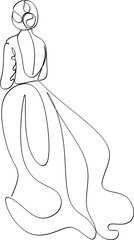 Beautiful woman in long flowing dress in continuous line art drawing style. Girl wearing luxury evening or bridal gown. Minimalist black linear sketch isolated on white background. Vector illustration