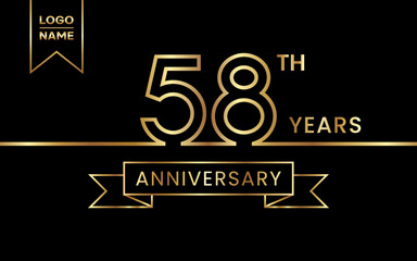 58th Anniversary template design with gold color text and ribbon for celebration event, invitations, banners, posters, flyers, greeting cards. Line Art Design, Logo Vector Template