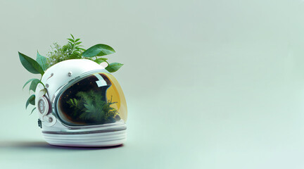 AI generated. Astronaut's helmet full of plants in a studio background.