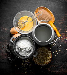 Baking background. Flour with milk, cocoa and grain.