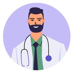 Round icon of a bearded doctor in a white coat. Avatar of a medical worker with a stethoscope. Young smiling physician. Flat style. Vector illustration.