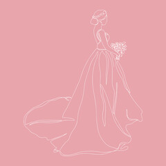 The bride holding the bouquet draws a continuous line.The silhouette of the bride in one line, side view, dressed in a wedding dress.