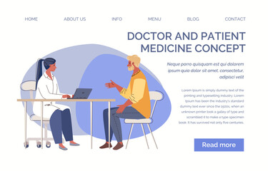 Reception of doctor, therapist, narrow specialist. Young man asked for medical help. Physician consults patient, diagnoses, prescribes treatment.  Landing page. Vector flat cartoon illustration.

