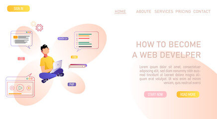 Man working with laptop on the website development. Website developer, Web agency, programmer and coder concept. Vector illustration for banner, presentation, advertising, poster.