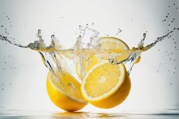 Fototapeta na wymiar fresh lemon slices splashing deep into water with white background generative AI