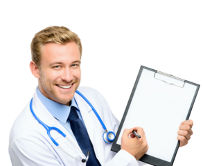 A handsome young doctor standing alone in the studio and writing on his clipboard isolated on a PNG background.