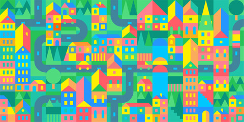 Cartoon Trendy Seamless Abstract Urban Vector Bauhaus Swiss Geometric City Pattern Design Background Template