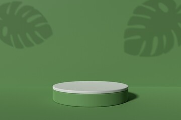 3D minimalist podium with green leaves shadow background for product display. Nature background with pastel colors and empty podium. 3D render.