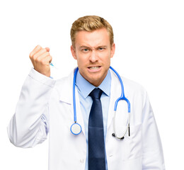 A handsome young doctor standing alone in the studio and feeling stressed while holding a syringe isolated on a PNG background.