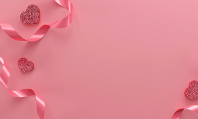 Valentine top view banner. Pink Background. Design of heart, ribbon. Poster, greeting card, headers for website. 3d render.