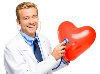 A handsome young doctor standing alone in the studio and using a stethoscope on a balloon heart isolated on a PNG background.