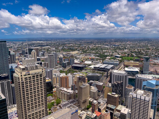 Fototapeta na wymiar Panoramic Aerial Drone view of Sydney CBD and Harbour. Housing, roof tops, the streets, parks, commercial office towers